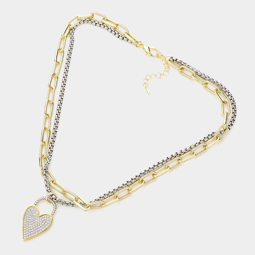 CZ EMBELLISHED HEART LOCK PENDANT DOUBLE LAYERED NECKLACE